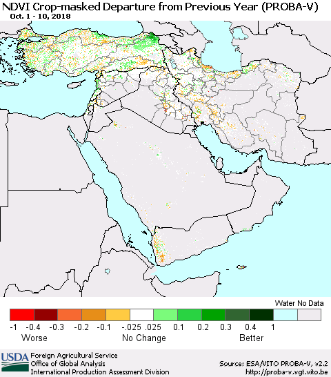 Middle East and Turkey NDVI Crop-masked Departure from Previous Year (PROBA-V) Thematic Map For 10/1/2018 - 10/10/2018