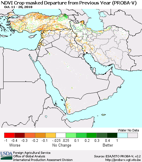 Middle East and Turkey NDVI Crop-masked Departure from Previous Year (PROBA-V) Thematic Map For 10/11/2018 - 10/20/2018