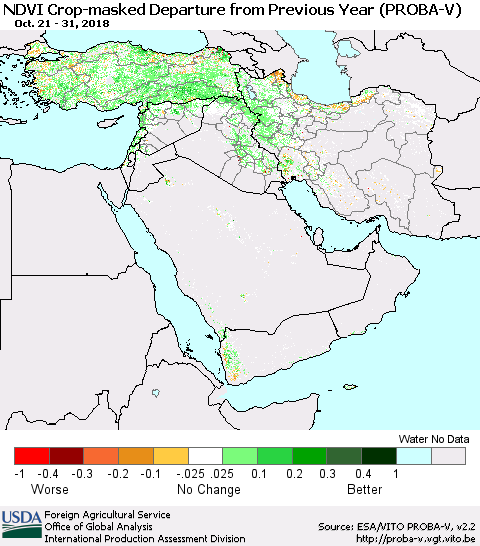 Middle East and Turkey NDVI Crop-masked Departure from Previous Year (PROBA-V) Thematic Map For 10/21/2018 - 10/31/2018