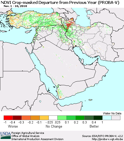 Middle East and Turkey NDVI Crop-masked Departure from Previous Year (PROBA-V) Thematic Map For 11/1/2018 - 11/10/2018
