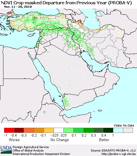 Middle East and Turkey NDVI Crop-masked Departure from Previous Year (PROBA-V) Thematic Map For 11/11/2018 - 11/20/2018