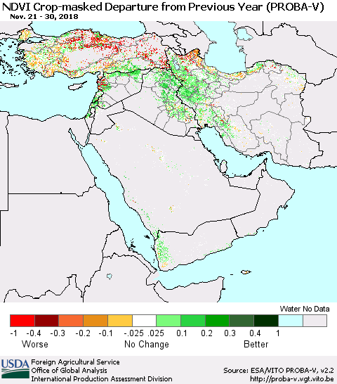 Middle East and Turkey NDVI Crop-masked Departure from Previous Year (PROBA-V) Thematic Map For 11/21/2018 - 11/30/2018
