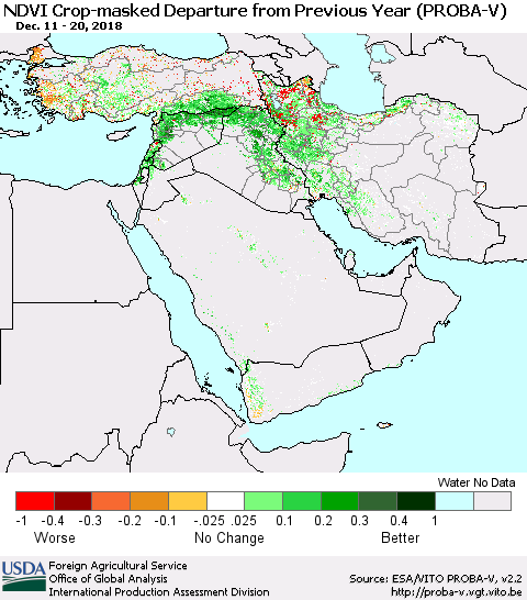 Middle East and Turkey NDVI Crop-masked Departure from Previous Year (PROBA-V) Thematic Map For 12/11/2018 - 12/20/2018