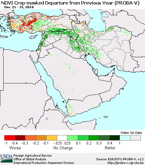Middle East and Turkey NDVI Crop-masked Departure from Previous Year (PROBA-V) Thematic Map For 12/21/2018 - 12/31/2018
