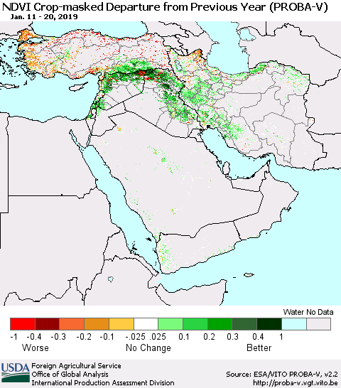 Middle East and Turkey NDVI Crop-masked Departure from Previous Year (PROBA-V) Thematic Map For 1/11/2019 - 1/20/2019