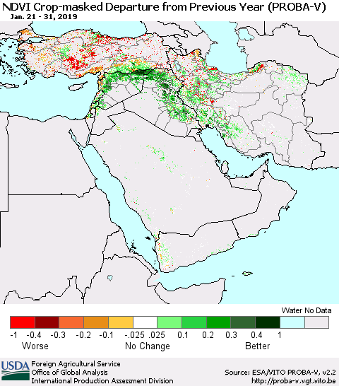 Middle East and Turkey NDVI Crop-masked Departure from Previous Year (PROBA-V) Thematic Map For 1/21/2019 - 1/31/2019