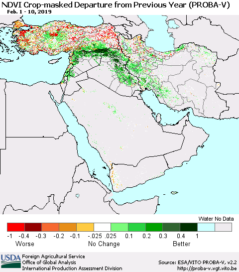Middle East and Turkey NDVI Crop-masked Departure from Previous Year (PROBA-V) Thematic Map For 2/1/2019 - 2/10/2019