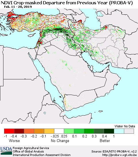 Middle East and Turkey NDVI Crop-masked Departure from Previous Year (PROBA-V) Thematic Map For 2/11/2019 - 2/20/2019