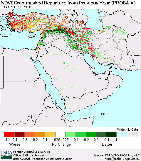 Middle East and Turkey NDVI Crop-masked Departure from Previous Year (PROBA-V) Thematic Map For 2/21/2019 - 2/28/2019