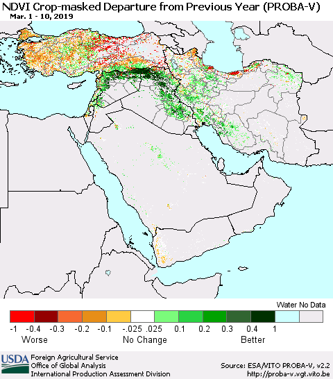 Middle East and Turkey NDVI Crop-masked Departure from Previous Year (PROBA-V) Thematic Map For 3/1/2019 - 3/10/2019