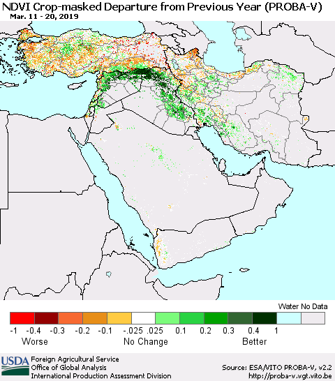 Middle East and Turkey NDVI Crop-masked Departure from Previous Year (PROBA-V) Thematic Map For 3/11/2019 - 3/20/2019