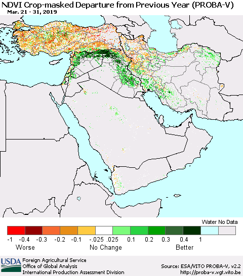 Middle East and Turkey NDVI Crop-masked Departure from Previous Year (PROBA-V) Thematic Map For 3/21/2019 - 3/31/2019