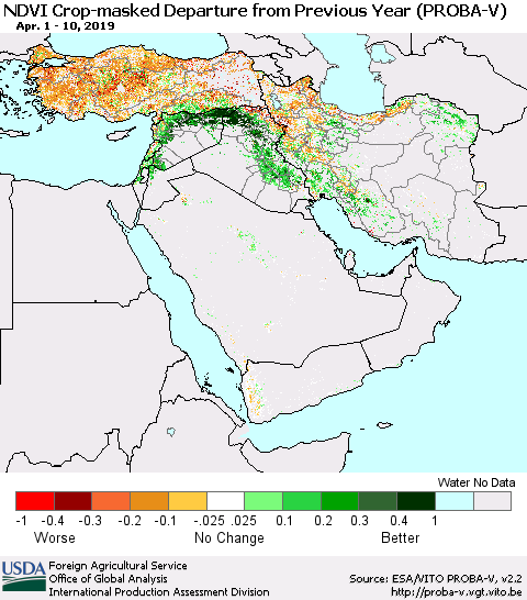 Middle East and Turkey NDVI Crop-masked Departure from Previous Year (PROBA-V) Thematic Map For 4/1/2019 - 4/10/2019