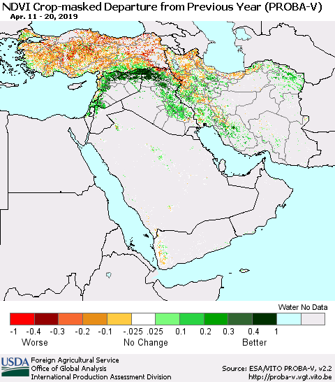 Middle East and Turkey NDVI Crop-masked Departure from Previous Year (PROBA-V) Thematic Map For 4/11/2019 - 4/20/2019