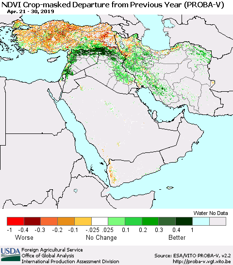 Middle East and Turkey NDVI Crop-masked Departure from Previous Year (PROBA-V) Thematic Map For 4/21/2019 - 4/30/2019