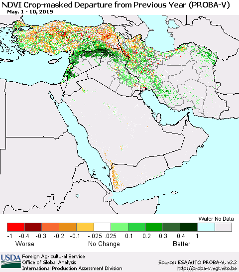 Middle East and Turkey NDVI Crop-masked Departure from Previous Year (PROBA-V) Thematic Map For 5/1/2019 - 5/10/2019