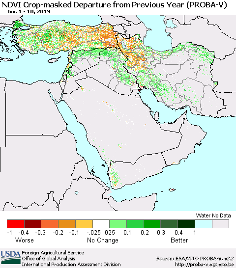 Middle East and Turkey NDVI Crop-masked Departure from Previous Year (PROBA-V) Thematic Map For 6/1/2019 - 6/10/2019
