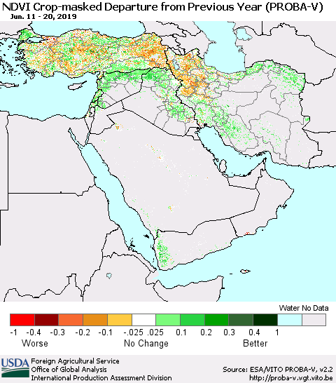 Middle East and Turkey NDVI Crop-masked Departure from Previous Year (PROBA-V) Thematic Map For 6/11/2019 - 6/20/2019