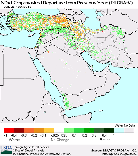 Middle East and Turkey NDVI Crop-masked Departure from Previous Year (PROBA-V) Thematic Map For 6/21/2019 - 6/30/2019