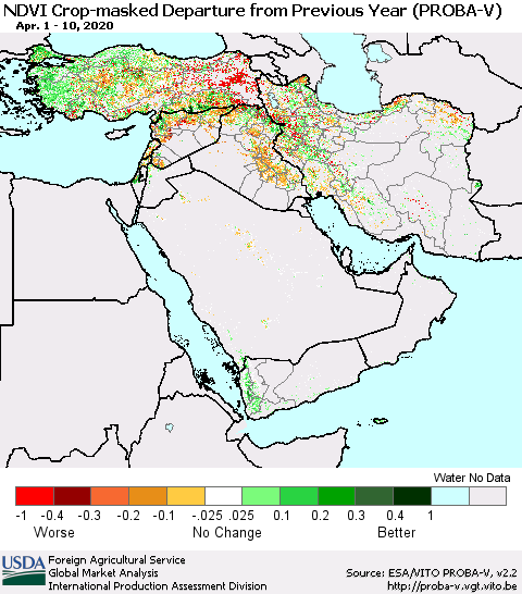 Middle East and Turkey NDVI Crop-masked Departure from Previous Year (PROBA-V) Thematic Map For 4/1/2020 - 4/10/2020