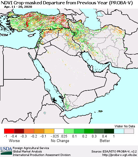 Middle East and Turkey NDVI Crop-masked Departure from Previous Year (PROBA-V) Thematic Map For 4/11/2020 - 4/20/2020