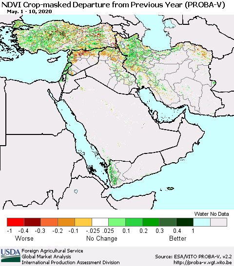 Middle East and Turkey NDVI Crop-masked Departure from Previous Year (PROBA-V) Thematic Map For 5/1/2020 - 5/10/2020
