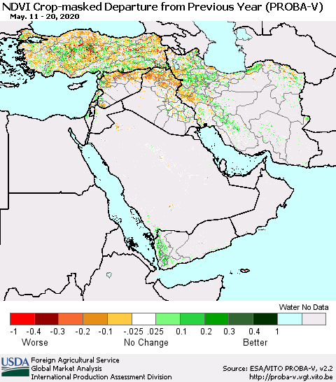 Middle East and Turkey NDVI Crop-masked Departure from Previous Year (PROBA-V) Thematic Map For 5/11/2020 - 5/20/2020