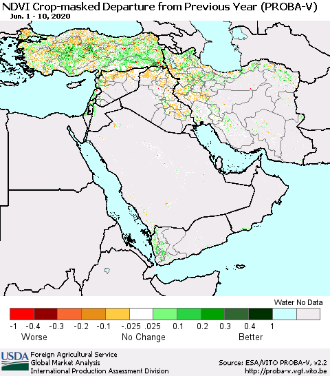 Middle East and Turkey NDVI Crop-masked Departure from Previous Year (PROBA-V) Thematic Map For 6/1/2020 - 6/10/2020