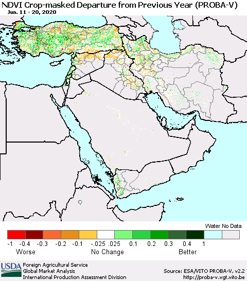 Middle East and Turkey NDVI Crop-masked Departure from Previous Year (PROBA-V) Thematic Map For 6/11/2020 - 6/20/2020
