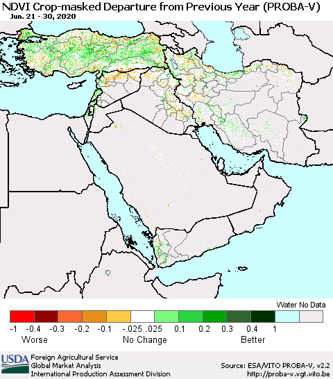 Middle East and Turkey NDVI Crop-masked Departure from Previous Year (PROBA-V) Thematic Map For 6/21/2020 - 6/30/2020
