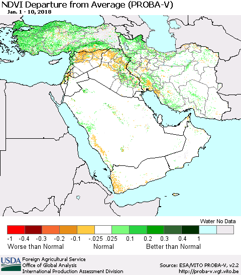 Middle East and Turkey NDVI Departure from Average (PROBA-V) Thematic Map For 1/1/2018 - 1/10/2018