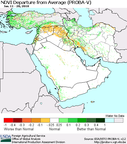 Middle East and Turkey NDVI Departure from Average (PROBA-V) Thematic Map For 1/11/2018 - 1/20/2018