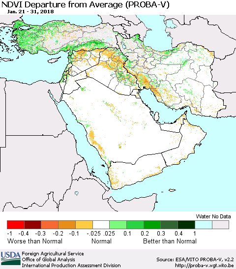 Middle East and Turkey NDVI Departure from Average (PROBA-V) Thematic Map For 1/21/2018 - 1/31/2018