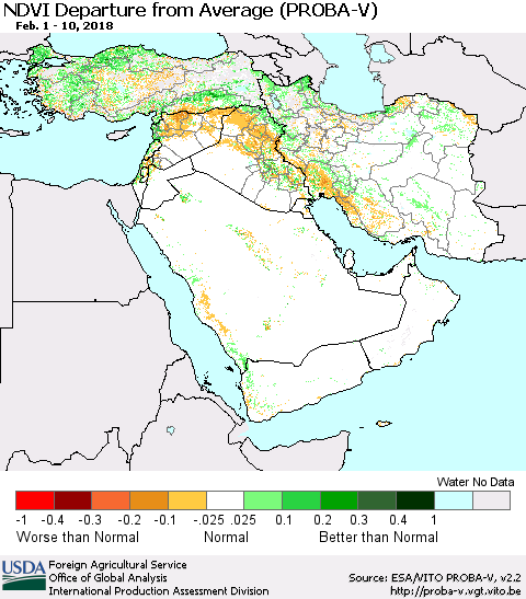 Middle East and Turkey NDVI Departure from Average (PROBA-V) Thematic Map For 2/1/2018 - 2/10/2018