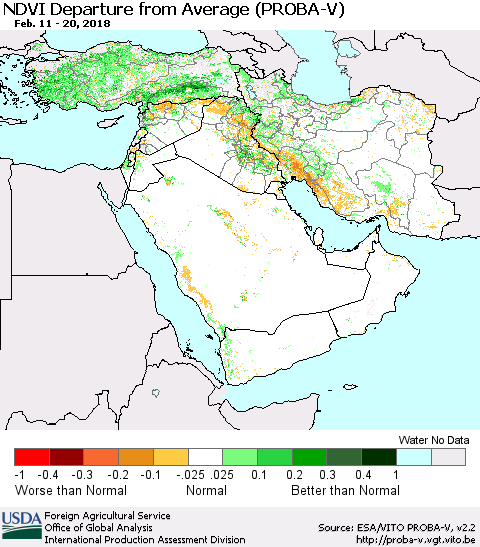 Middle East and Turkey NDVI Departure from Average (PROBA-V) Thematic Map For 2/11/2018 - 2/20/2018