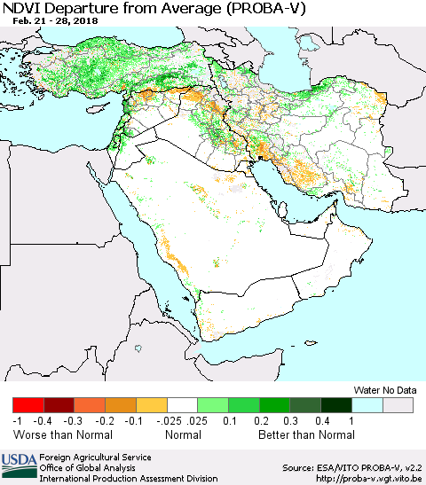 Middle East and Turkey NDVI Departure from Average (PROBA-V) Thematic Map For 2/21/2018 - 2/28/2018