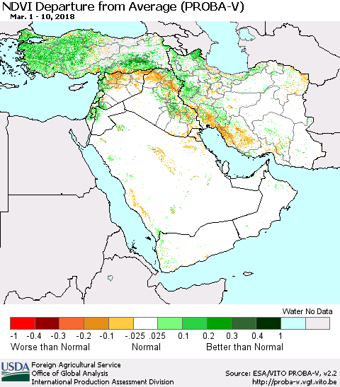 Middle East and Turkey NDVI Departure from Average (PROBA-V) Thematic Map For 3/1/2018 - 3/10/2018