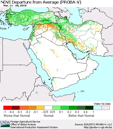 Middle East and Turkey NDVI Departure from Average (PROBA-V) Thematic Map For 3/11/2018 - 3/20/2018