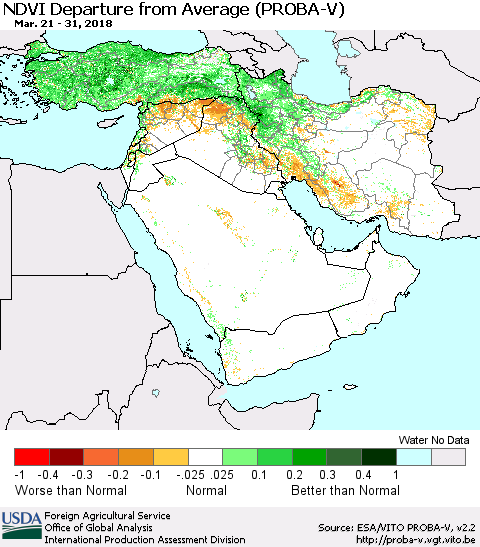 Middle East and Turkey NDVI Departure from Average (PROBA-V) Thematic Map For 3/21/2018 - 3/31/2018