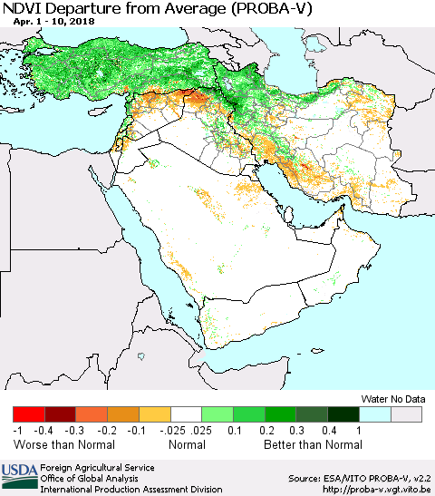 Middle East and Turkey NDVI Departure from Average (PROBA-V) Thematic Map For 4/1/2018 - 4/10/2018