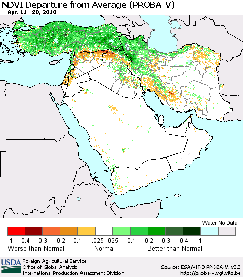 Middle East and Turkey NDVI Departure from Average (PROBA-V) Thematic Map For 4/11/2018 - 4/20/2018