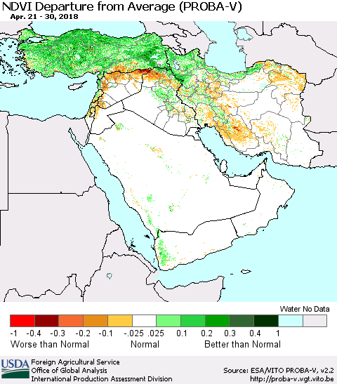 Middle East and Turkey NDVI Departure from Average (PROBA-V) Thematic Map For 4/21/2018 - 4/30/2018
