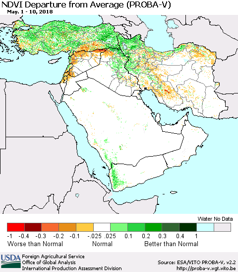 Middle East and Turkey NDVI Departure from Average (PROBA-V) Thematic Map For 5/1/2018 - 5/10/2018