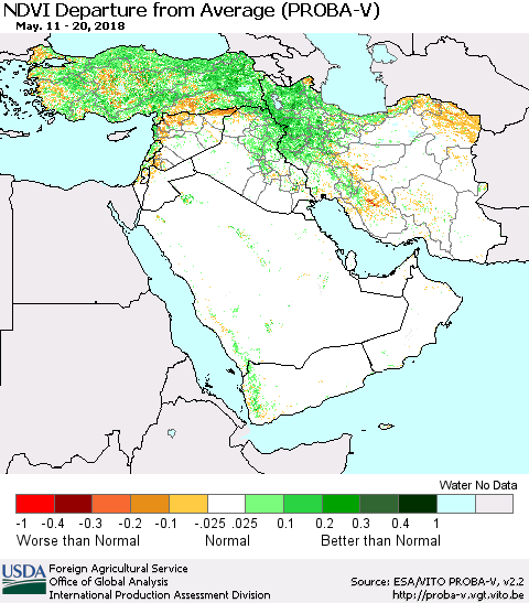 Middle East and Turkey NDVI Departure from Average (PROBA-V) Thematic Map For 5/11/2018 - 5/20/2018