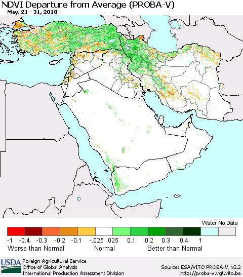Middle East and Turkey NDVI Departure from Average (PROBA-V) Thematic Map For 5/21/2018 - 5/31/2018