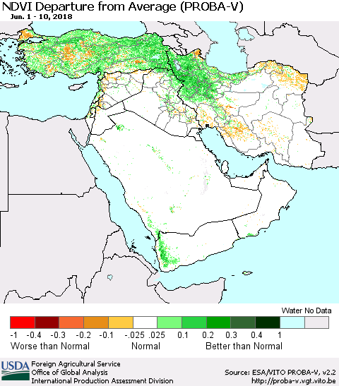 Middle East and Turkey NDVI Departure from Average (PROBA-V) Thematic Map For 6/1/2018 - 6/10/2018