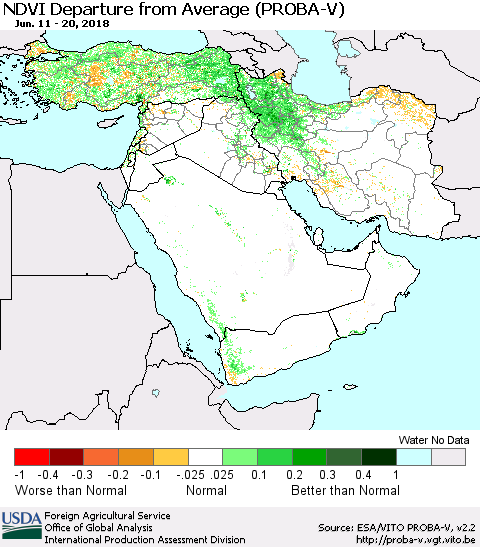 Middle East and Turkey NDVI Departure from Average (PROBA-V) Thematic Map For 6/11/2018 - 6/20/2018