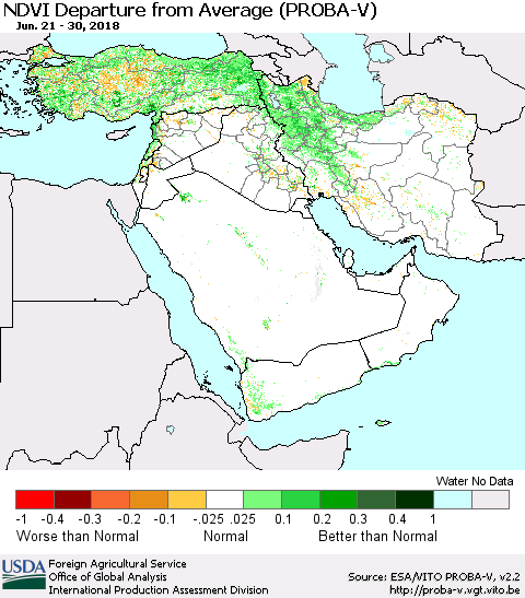 Middle East and Turkey NDVI Departure from Average (PROBA-V) Thematic Map For 6/21/2018 - 6/30/2018