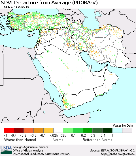 Middle East and Turkey NDVI Departure from Average (PROBA-V) Thematic Map For 9/1/2018 - 9/10/2018