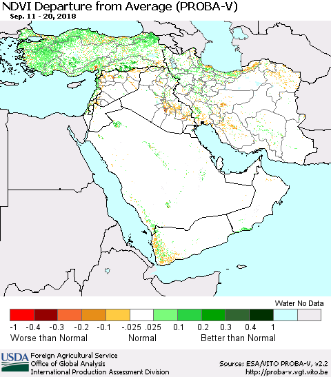 Middle East and Turkey NDVI Departure from Average (PROBA-V) Thematic Map For 9/11/2018 - 9/20/2018